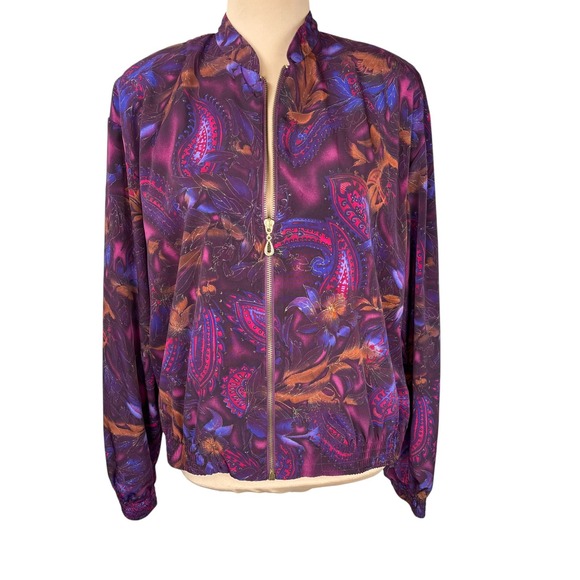 Vintage C.M. Shapes Paisley Floral Bomber Jacket Lightweight Purple Large 80s - Picture 1 of 9